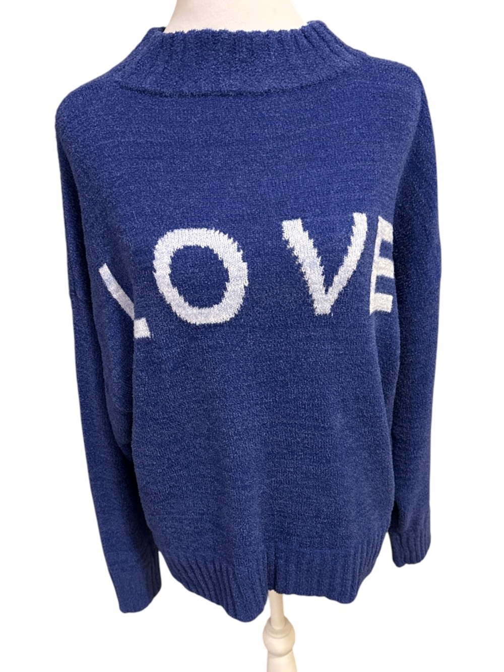 Blue 'LOVE' Mock Neck Knit Sweater - Oversized Drop Shoulder Cozy Sweater